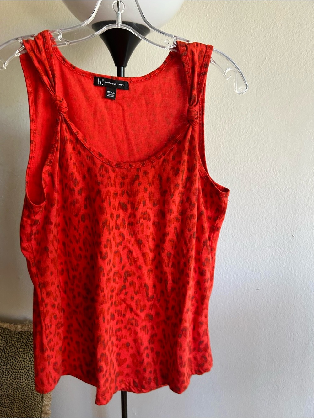 INC International Concepts Red Leopard-Print Knot Shoulder Tank